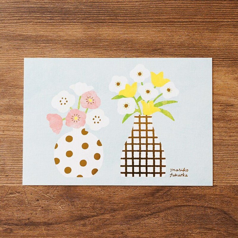 Mariko Fukuoka postcard of white, pink and yellow flowers in a polka-dot vase and a gold-foil checked vase