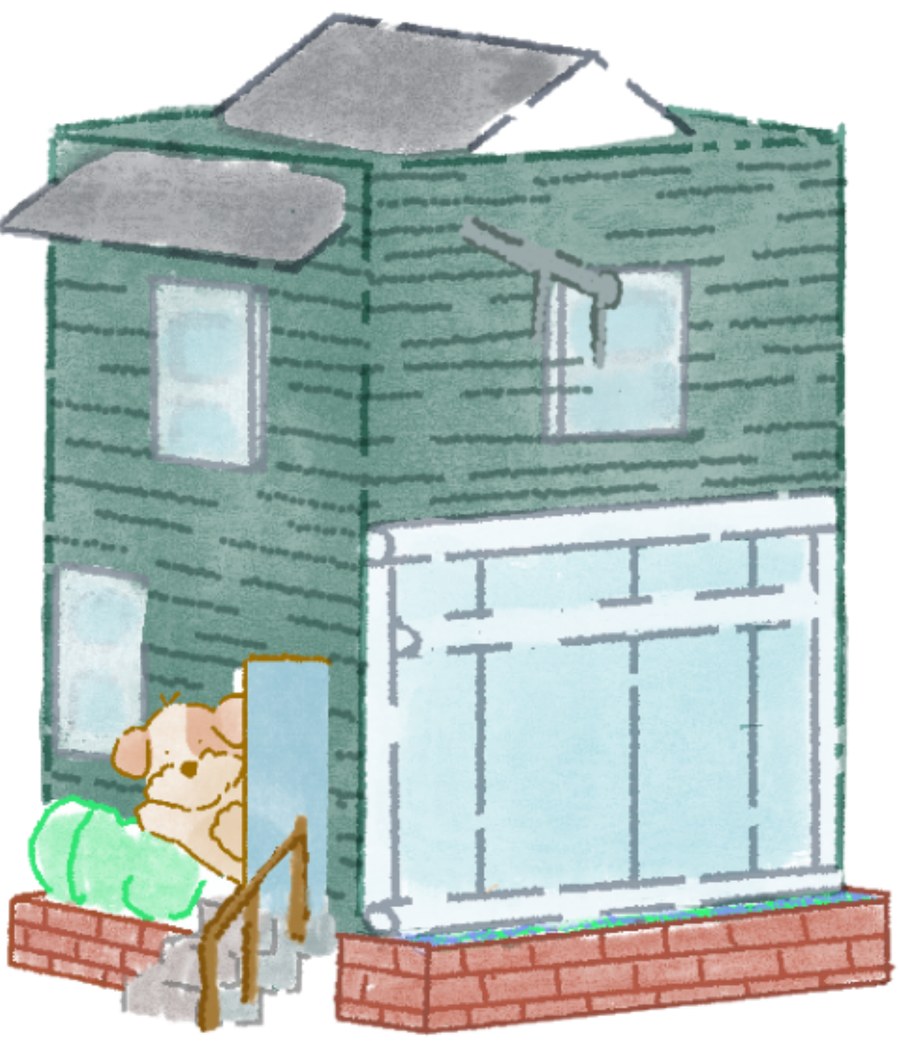 Illustration of Reggie’s: a green two-story building with a big front window, brick planters, and Reggie the dog peeking out the front door